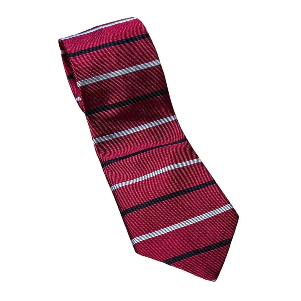 Brooks Brothers Makers XL Silk Necktie Red‎ Black Silver Stripe Made In USA